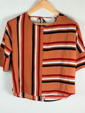 Express Striped Blouse XS Orange Red Navy Tie Back Lightweight Top
